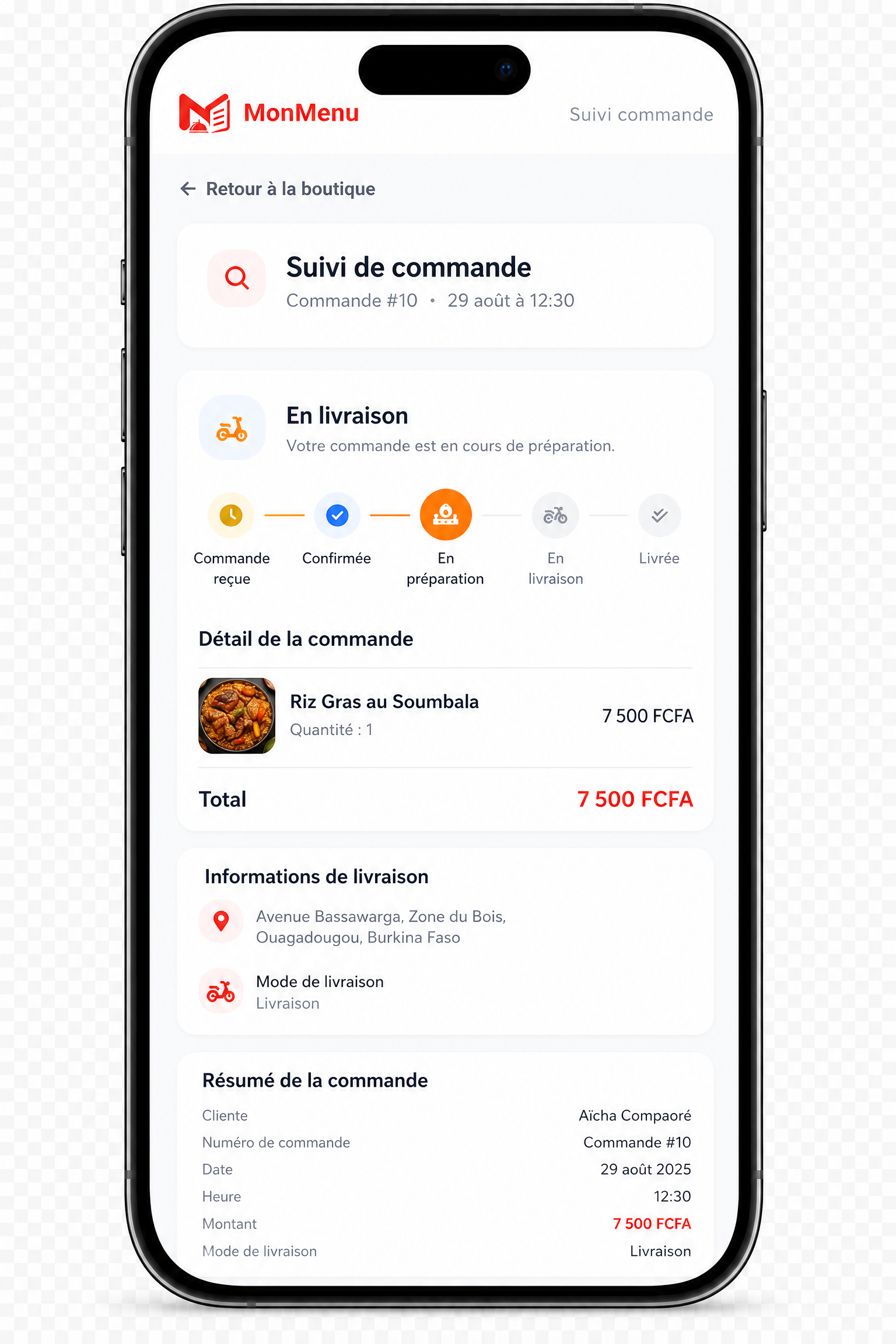 Écran de suivi de commande