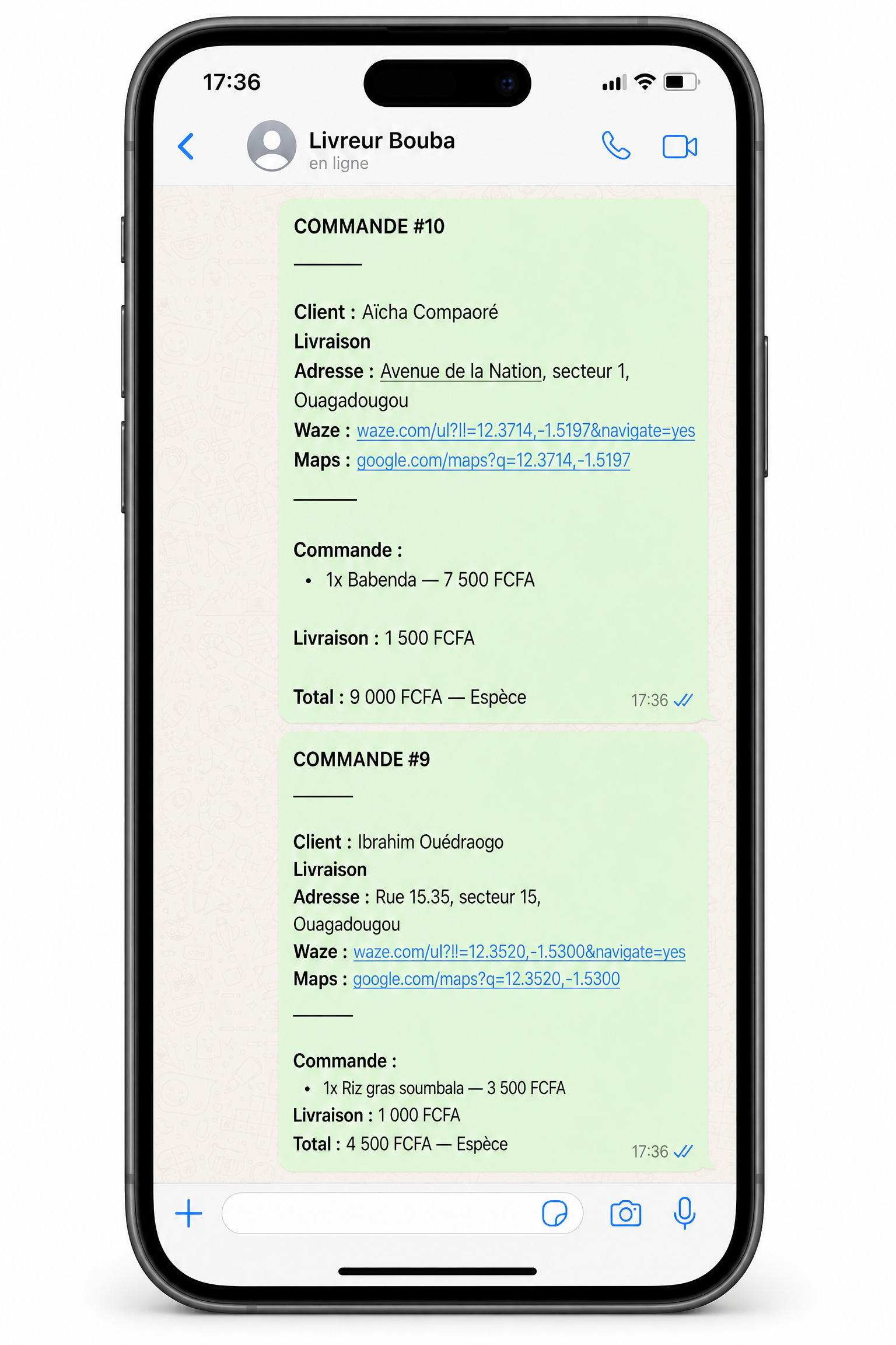 Message WhatsApp reçu par le livreur